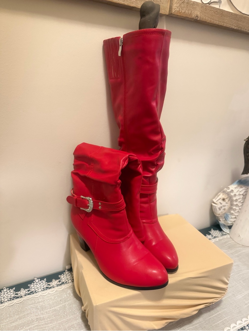 Ashro Red Over-the-Knee Buckle Boots